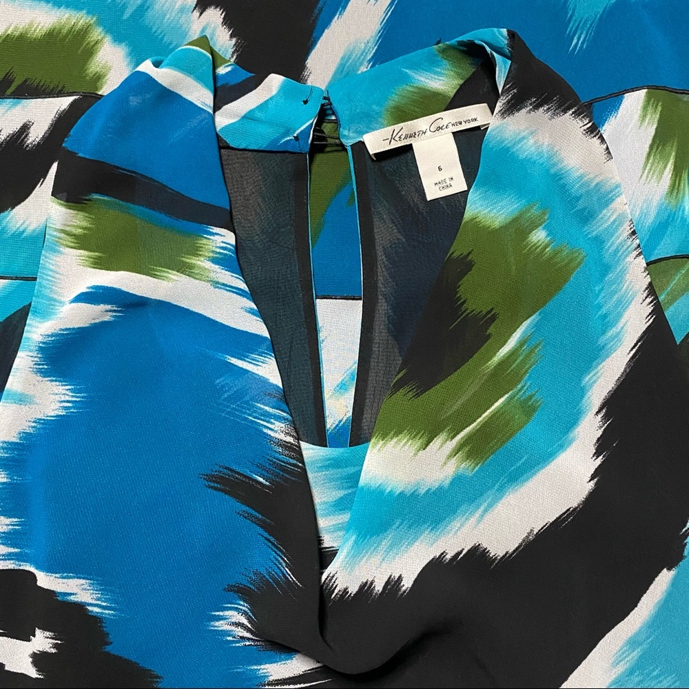 Kenneth Cole Dress Size 6 Blue Green Black Sleeveless Tiered Layered Cowl Neck - Picture 3 of 8